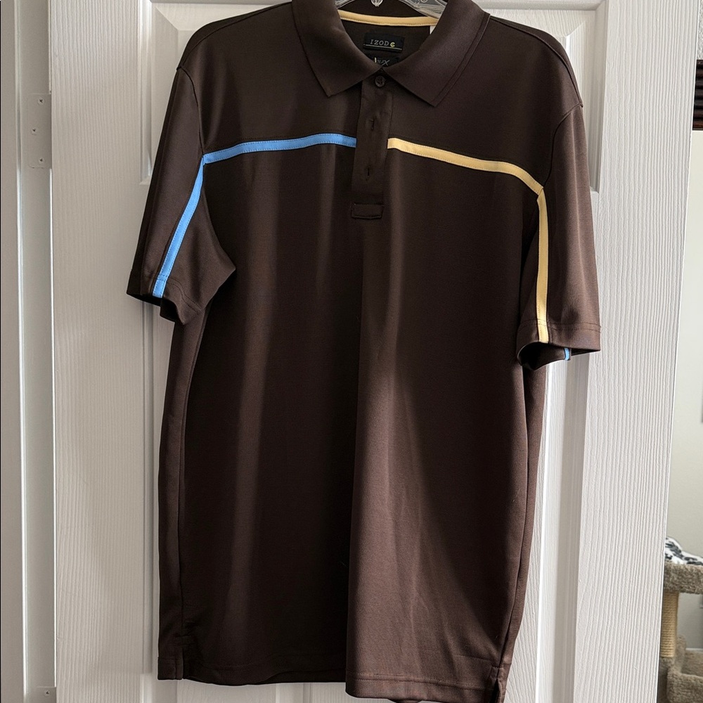 Izod Golf Shirt -Brown Polo Shirt with Blue and Yellow Stripes
